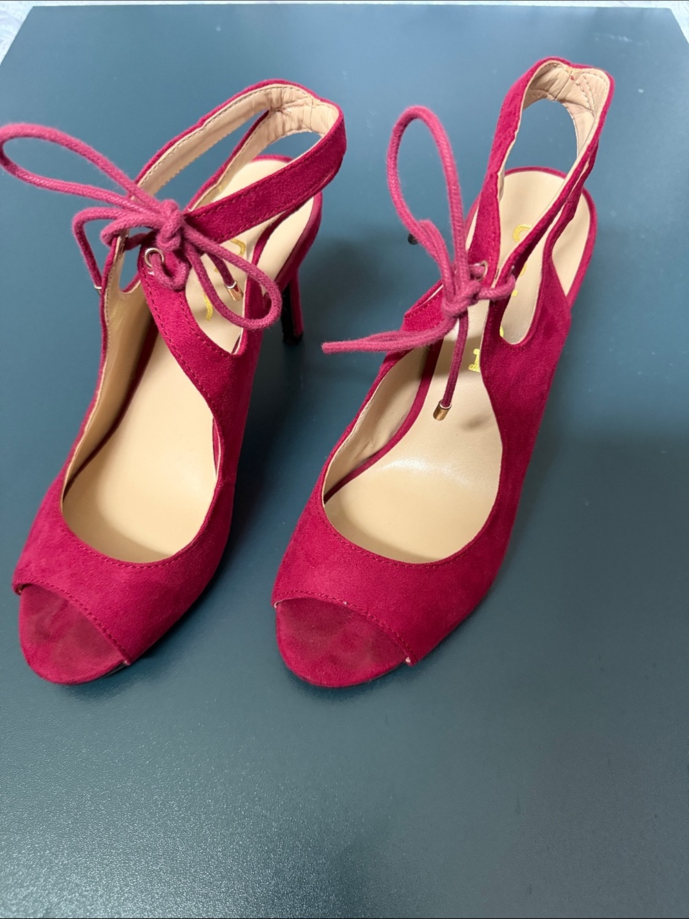 Unisa Wine Red Suede Tie-Ankle Peep-Toe Heels